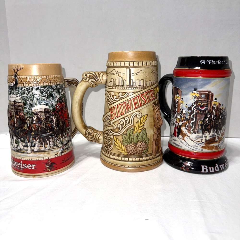 Lot of 3 Vintage Budweiser Holiday Beer Steins 1980 1987 1992 Clydesdales Mugs
